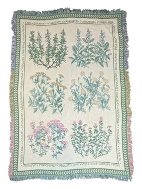 Vintage Botanical Herb Woven Tapestry Throw Blanket Fringe 48”X 78”